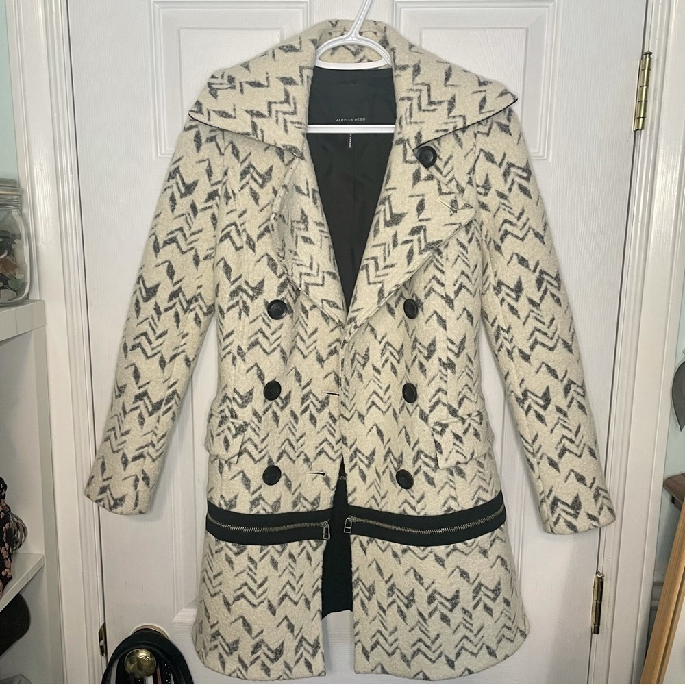 MARISSA Webb Printed Cream Wool Convertible Trench Coat pea coat extra small